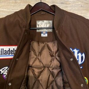 Vintage DELF Sports Wear Brown Bomber Jacket with Colorful Patches